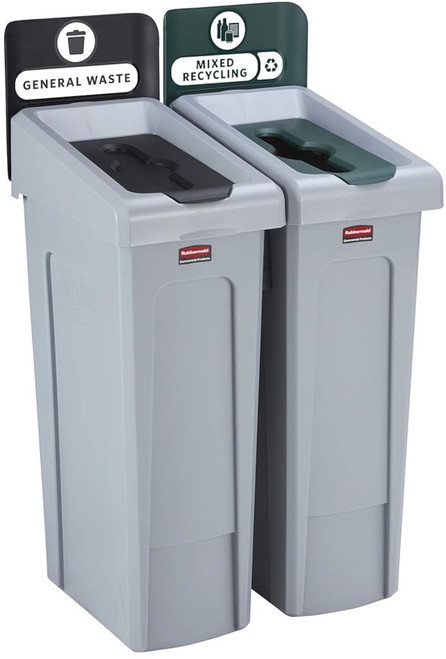 2129601 - Rubbermaid Slim Jim 2-Stream Recycling Station Bundle - General Waste/Mixed Recycling