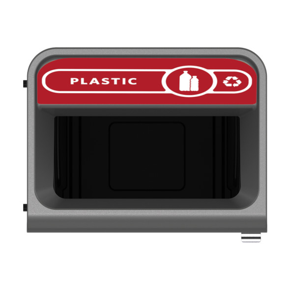 2154759 - Rubbermaid Configure Container with Plastic Recycling Label - 125 Ltr - Red - Overhead Showing Label & Aperture 2154759 - Rubbermaid Configure Container with Plastic Recycling Label - 125 Ltr - Red - Overhead Showing Label & Aperture