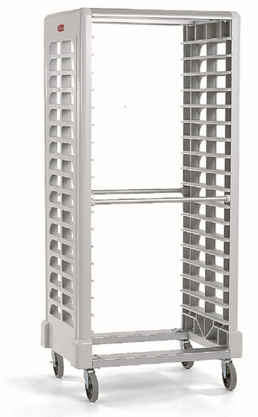 FG332000OWHT - A tall, white polypropylene rack with four casters that is capable of holding up to 18 food pans FG332000OWHT - A tall, white polypropylene rack with four casters that is capable of holding up to 18 food pans