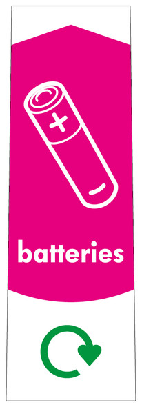 PC115B - A narrow sticker with the white outline of a battery situated on pink background and featuring the recycling logo and batteries text PC115B - A narrow sticker with the white outline of a battery situated on pink background and featuring the recycling logo and batteries text