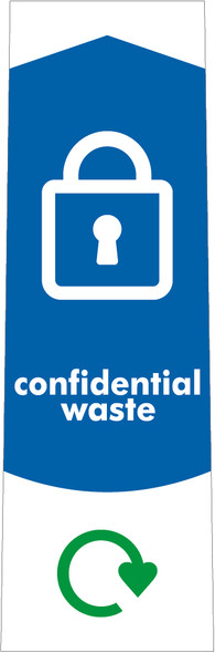 PC115CW - Narrow sticker with the white outline of a padlock on blue background, featuring recycling logo and confidential waste text PC115CW - Narrow sticker with the white outline of a padlock on blue background, featuring recycling logo and confidential waste text