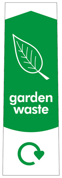 PC115GA - Narrow sticker with the white outline of a leaf on green background, featuring recycling logo and garden waste text PC115GA - Narrow sticker with the white outline of a leaf on green background, featuring recycling logo and garden waste text