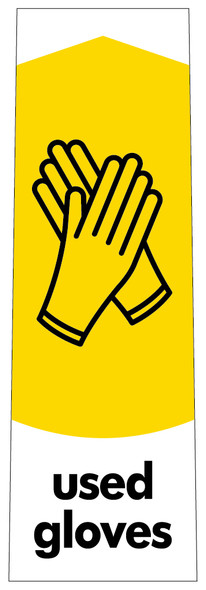 PC115UG - Narrow sticker with the black outline of a pair of gloves on yellow background, featuring used gloves text PC115UG - Narrow sticker with the black outline of a pair of gloves on yellow background, featuring used gloves text