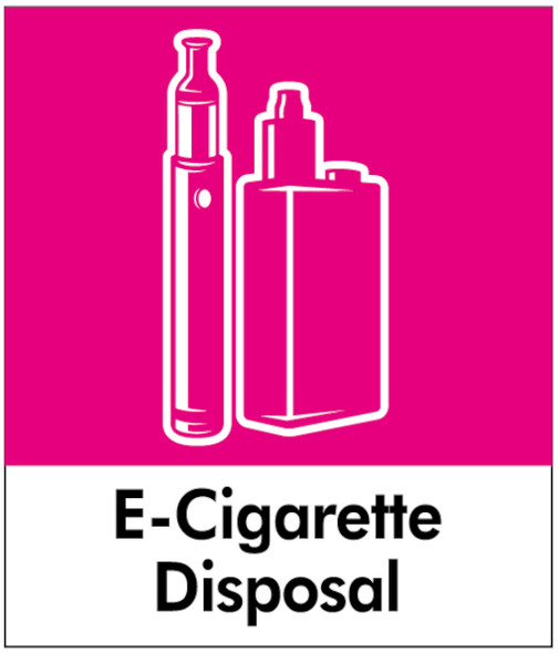 PC85ECD - small square sticker with the white outline of two e-cigarettes on bright pink background and featuring e-cigarette disposal text PC85ECD - small square sticker with the white outline of two e-cigarettes on bright pink background and featuring e-cigarette disposal text