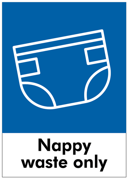 PCA4NB - Large, A4 sticker with white outline of a nappy on blue background, featuring nappy waste only text PCA4NB - Large, A4 sticker with white outline of a nappy on blue background, featuring nappy waste only text