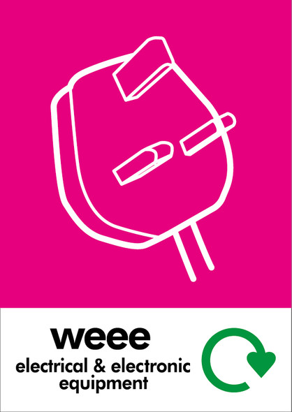 PCA4WE - Large, A4 sticker with white outline of a electrical plug situated on bright pink background, featuring recycling log and WEEE Electrical & Electronic Equipment text PCA4WE - Large, A4 sticker with white outline of a electrical plug situated on bright pink background, featuring recycling log and WEEE Electrical & Electronic Equipment text