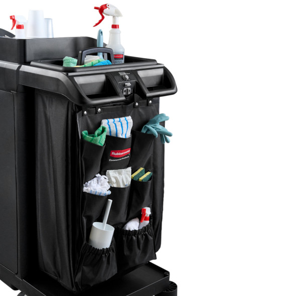 Rubbermaid 9-Pocket Organiser Attached to Handle of Housekeeping Cart Rubbermaid 9-Pocket Organiser Attached to Handle of Housekeeping Cart