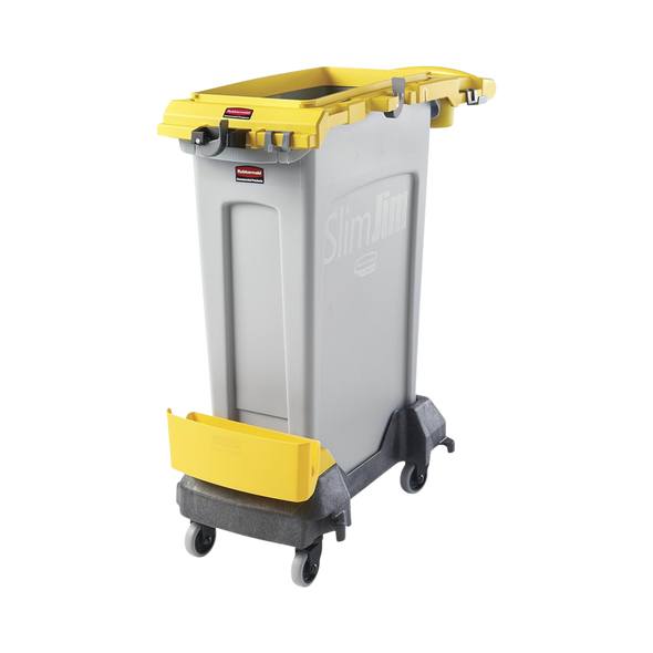 Image Showing Rubbermaid Slim Jim Rim Caddy in Yellow Fitted to Grey Slim Jim on a Dolly and Angled to Left