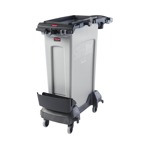 Image Showing Rubbermaid Slim Jim Rim Caddy in Black Fitted to Grey Slim Jim on a Dolly and Angled to Left