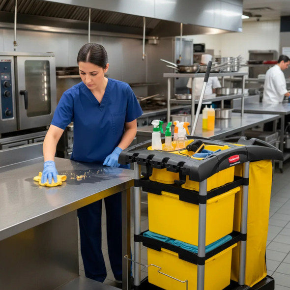 Female Cleaner Using Rubbermaid High-Capacity Janitorial Cleaning Cart with Bins in a Commercial Kitchen
