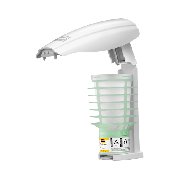 White CirculAir 90 Dispenser Angled Left with Cover Open to Show an Installed Refill