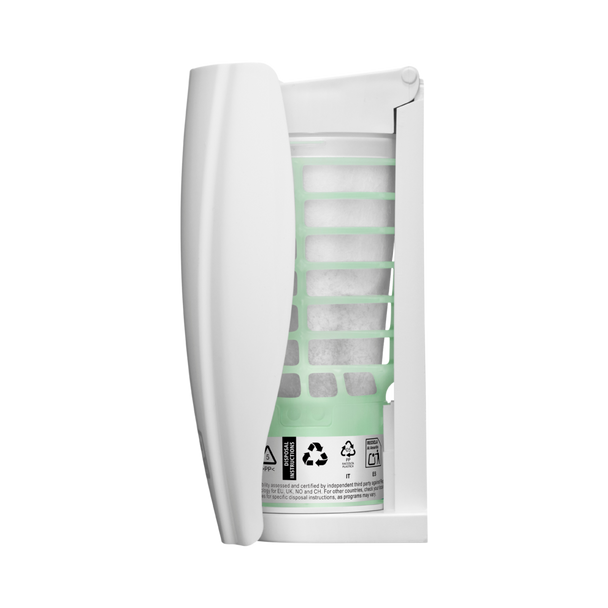 White CirculAir 90 Dispenser Facing Left with Closed Cover and Installed Refill