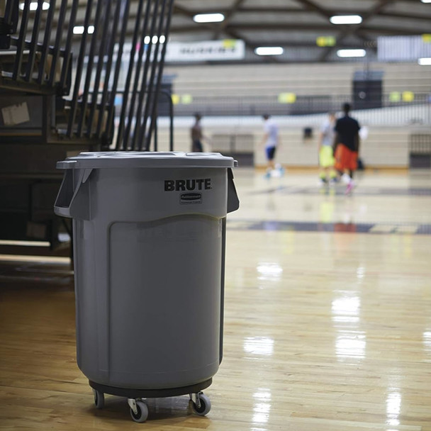 Grey Rubbermaid BRUTE Lid Fitted to Grey BRUTE Container on a BRUTE Dolly and Situated in a Gym Hall