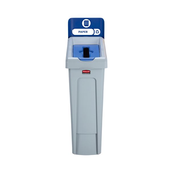 Blue Slim Jim Billboard for Recycling Stations Fitted to Container, Adorned with Paper Sticker & Viewed from the Front