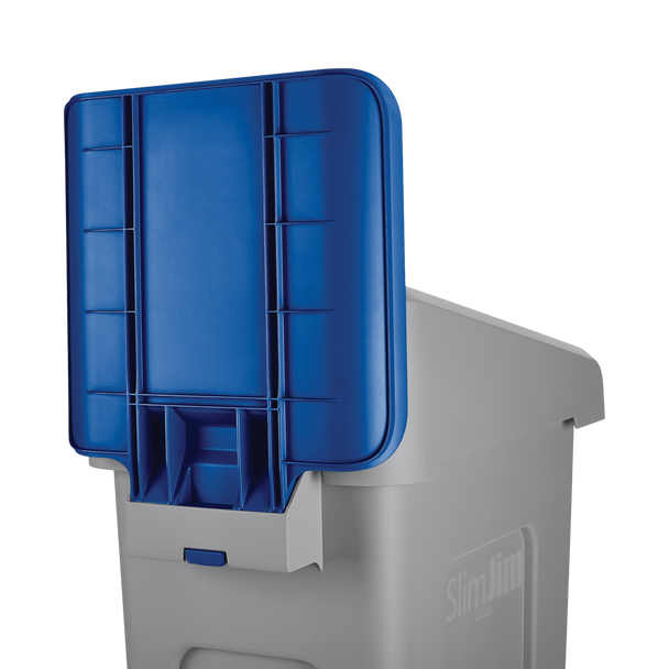 Blue Slim Jim Billboard for Recycling Stations Fitted to Container & Viewed from Behind