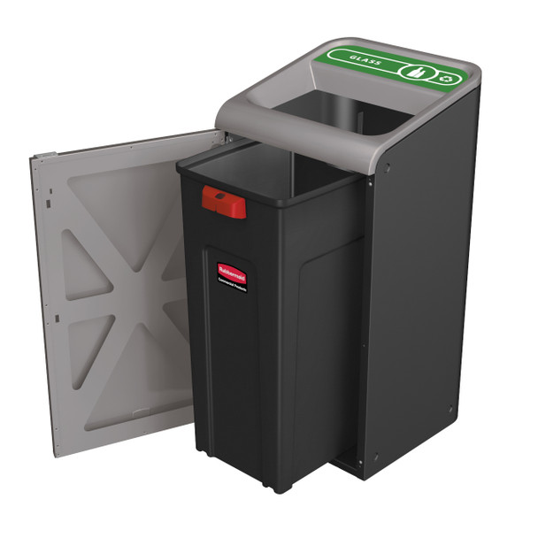 2154727 - Rubbermaid Configure Container with Glass Recycling Label - 57 Ltr - Green - Door Open & Internal Liner Exposed