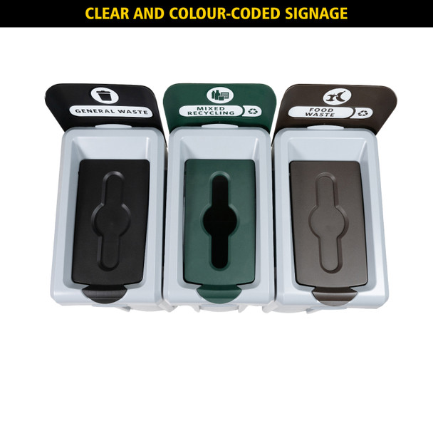Rubbermaid Slim Jim 3-Stream Recycling Station Bundle - General Waste/Mixed Recycling/Food Waste