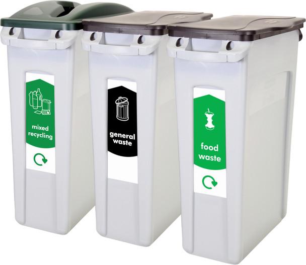 Rubbermaid Slim Jim 3-Stream Recycling Starter Pack - General Waste/Mixed Recycling/Food Waste - 1876491