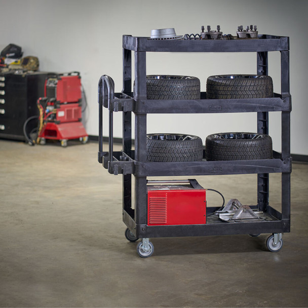 2128657 - Rubbermaid BRUTE Heavy-Duty Ergo Utility Cart - 4-Shelf - Black - Loaded with Tyres & Tools