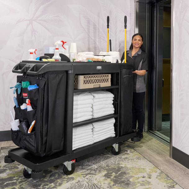 2202581 - Rubbermaid Full Size Housekeeping Cart - Cleaner Using Cart Loaded with Supplies
