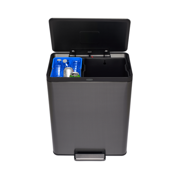 Front-Facing Image of Rubbermaid Elite Dual Stream Pedal Bin with Lid Open Showing Blue Removable Bucket Filled with Recyclables
