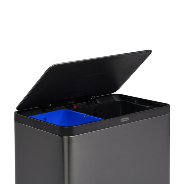 Close-Up Image of Rubbermaid Elite Dual Stream Pedal Bin with Lid Open Showing Removable Inner Buckets