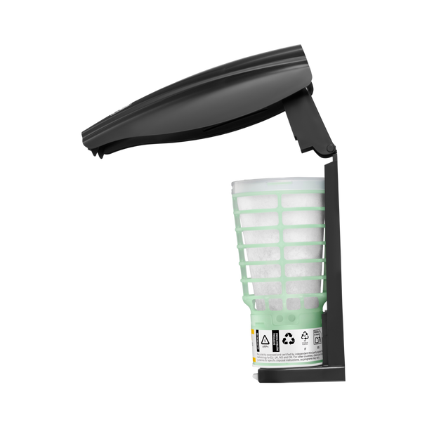 Black CirculAir 90 Dispenser Facing Left with Cover Open to Show an Installed Refill