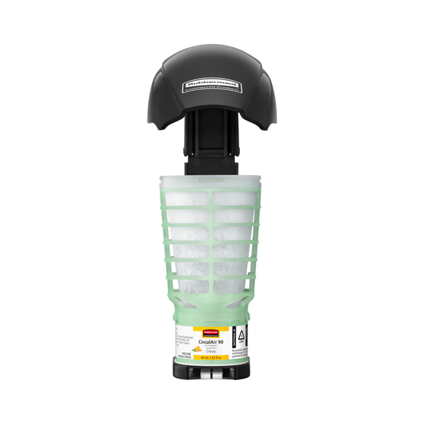 Black CirculAir 90 Dispenser Facing Forward with Cover Open to Show an Installed Refill