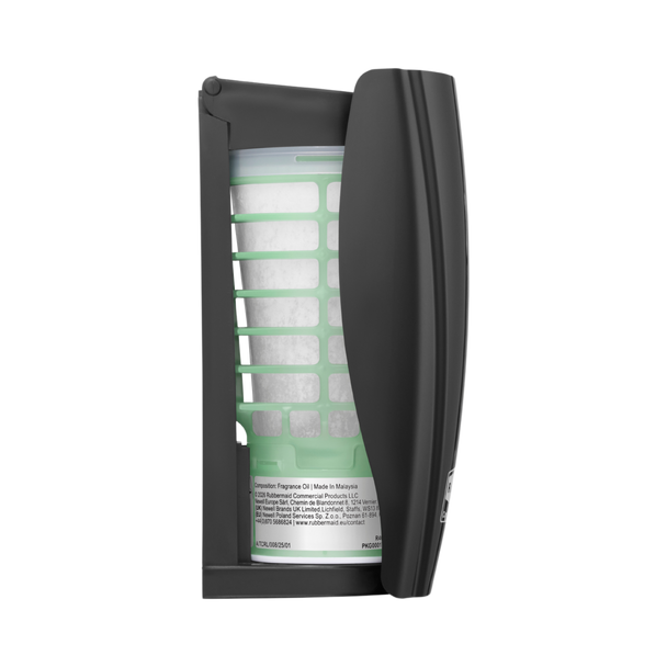Black CirculAir 90 Dispenser Facing Right with Closed Cover and Installed Refill