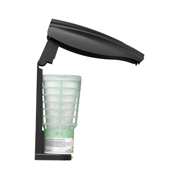 Black CirculAir 90 Dispenser Facing Right with Cover Open to Show an Installed Refill