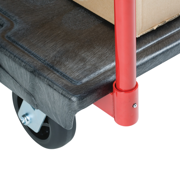 Close-up of the Rubbermaid Heavy‑Duty Platform Truck handle joint