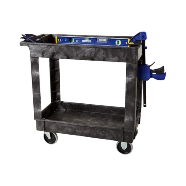 Rubbermaid Standard Utility Cart loaded with clamps and a spirit level