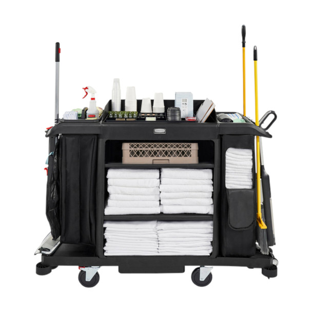 Rubbermaid Side-Load Linen Bag Fitted to Fully Loaded Housekeeping Cart - Front Facing