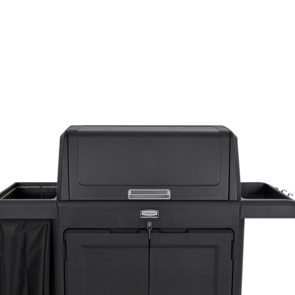 Close-up view of Rubbermaid Locking Security Hood (Model 2202528) securely fitted to a housekeeping cart.