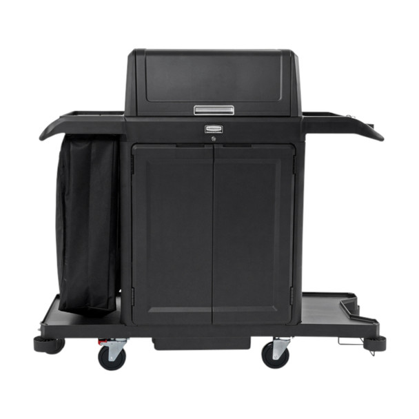 Rubbermaid Locking Security Hood (2202528) fitted to a housekeeping cart with locking door kit and vinyl trash bag.