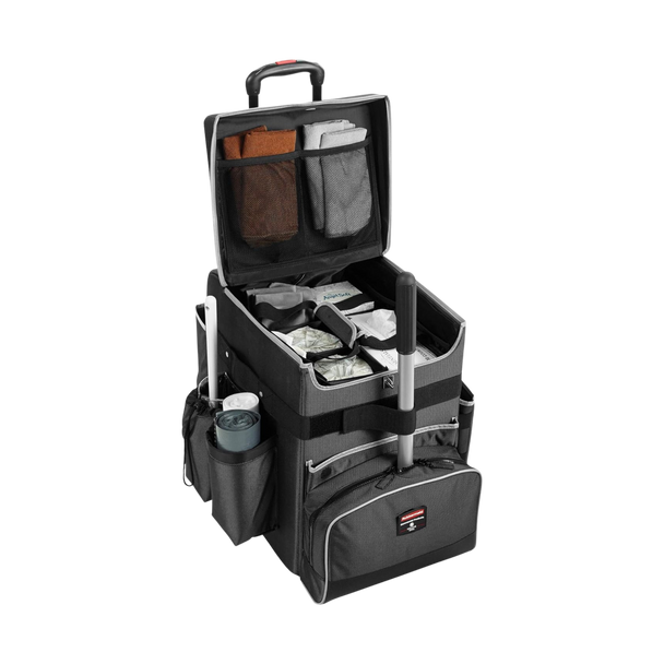 Image of Rubbermaid Medium Quick Cart Loaded with Supplies and Handle Extended Image of Rubbermaid Medium Quick Cart Loaded with Supplies and Handle Extended