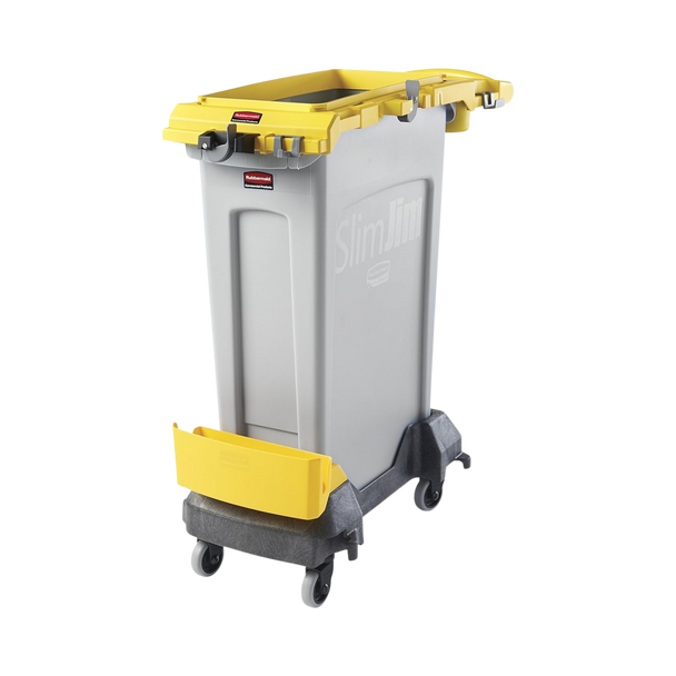 Image Showing Rubbermaid Slim Jim Rim Caddy in Yellow Fitted to Grey Slim Jim on a Dolly and Angled to Left