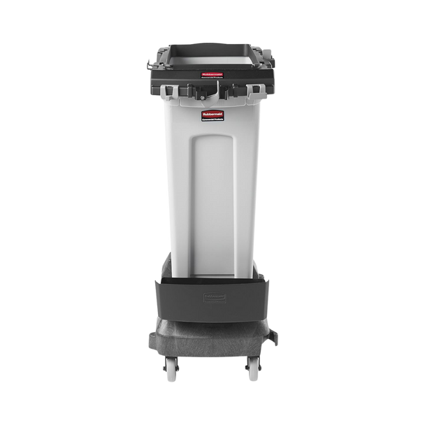 Face-on Image Showing Rubbermaid Slim Jim Rim Caddy in Black Fitted to Grey Slim Jim on a Dolly