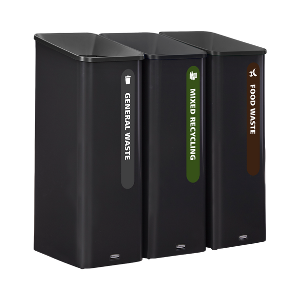 Three Rubbermaid Sustain Recycling Bins Grouped Together to Create a Waste & Recycling Hub