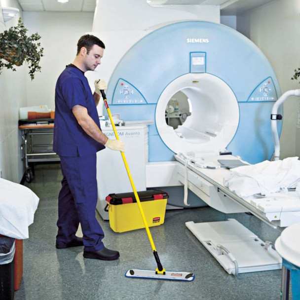 Cleaner Using Rubbermaid HYGEN Quick-Connect Traditional Mop Handle with a Flat Mop Frame to Clean MRI Room
