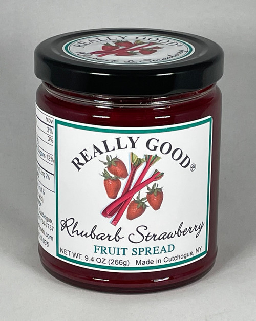 Really Good low sugar Rhubarb Strawberry fruit spread in a 9.4 ounce jar