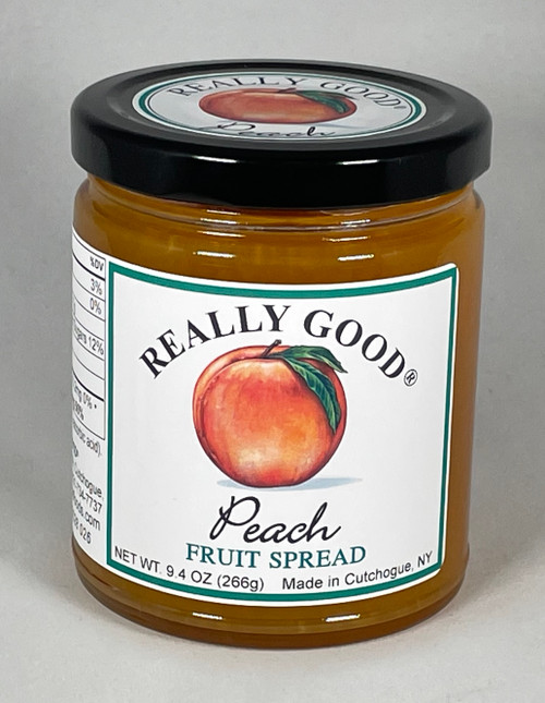 Really Good low sugar peach fruit spread in a 9.4 ounce jar