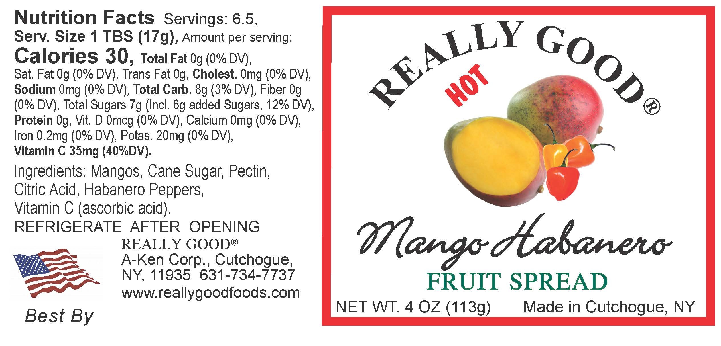 Really good low sugar mango habanero fruit spread 4 ounce jar label