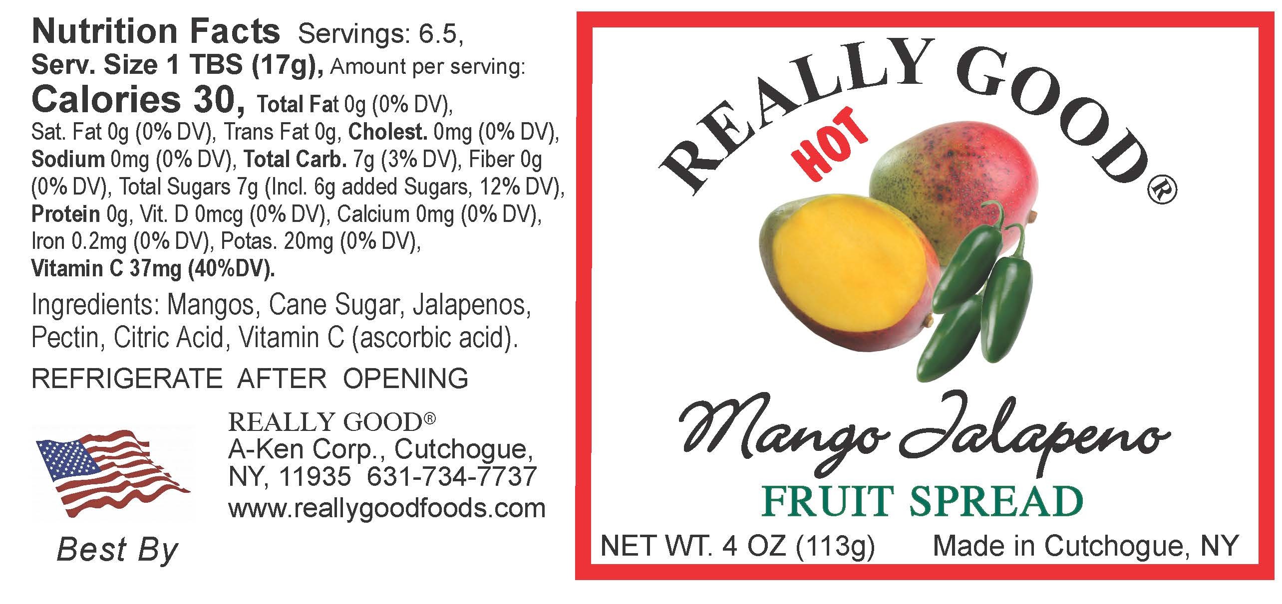Really Good low sugar mango jalapeno fruit spread in a 4 ounce jar