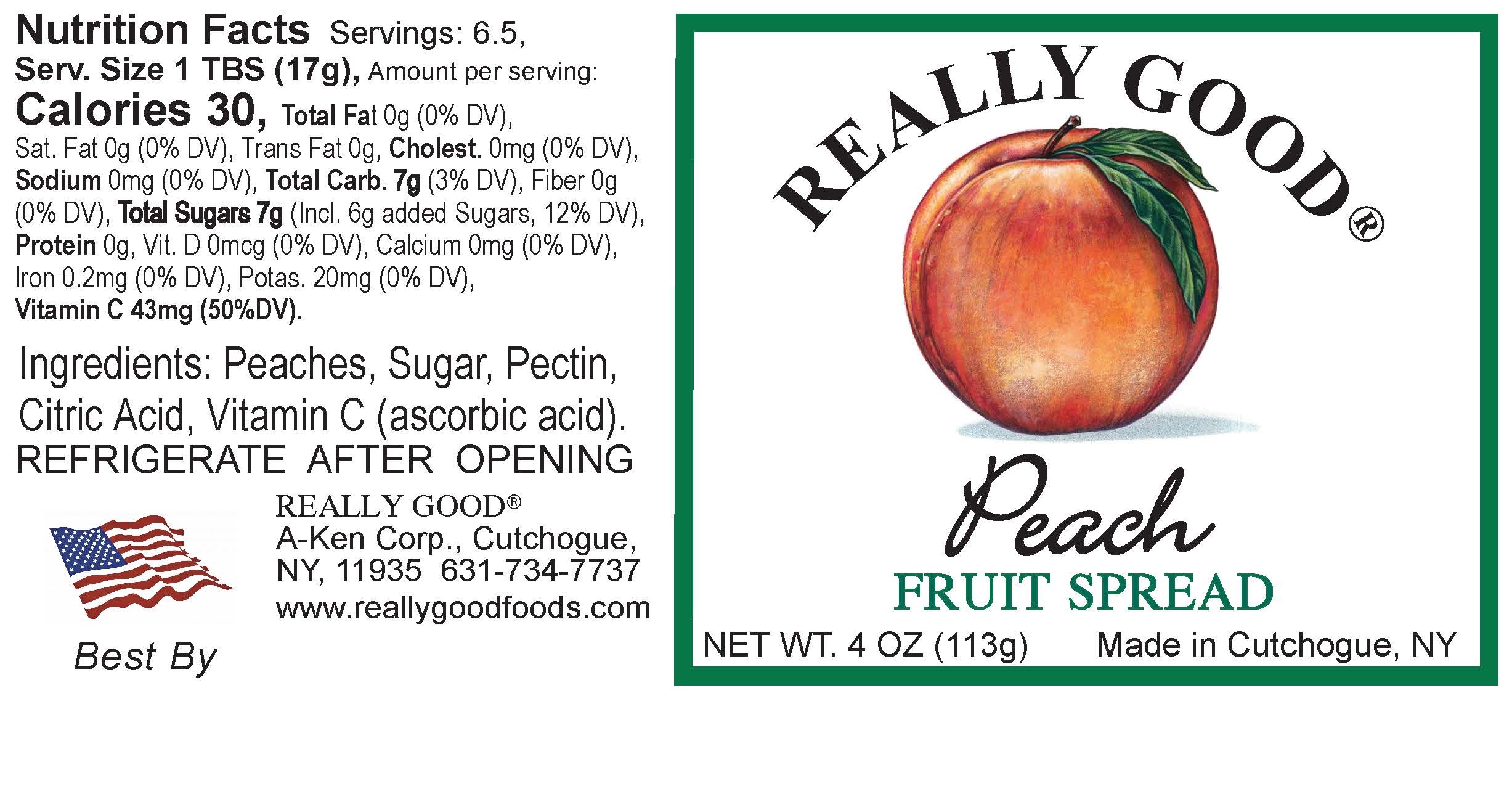 Really Good low sugar Peach fruit spread in a 4 ounce jar.