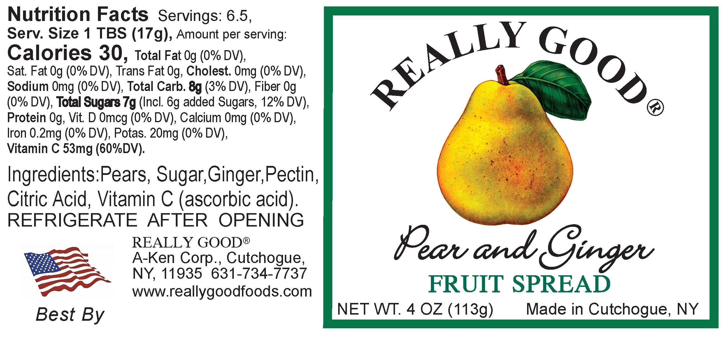 Really Good low sugar pear and ginger fruit spread 4 ounce jar label.