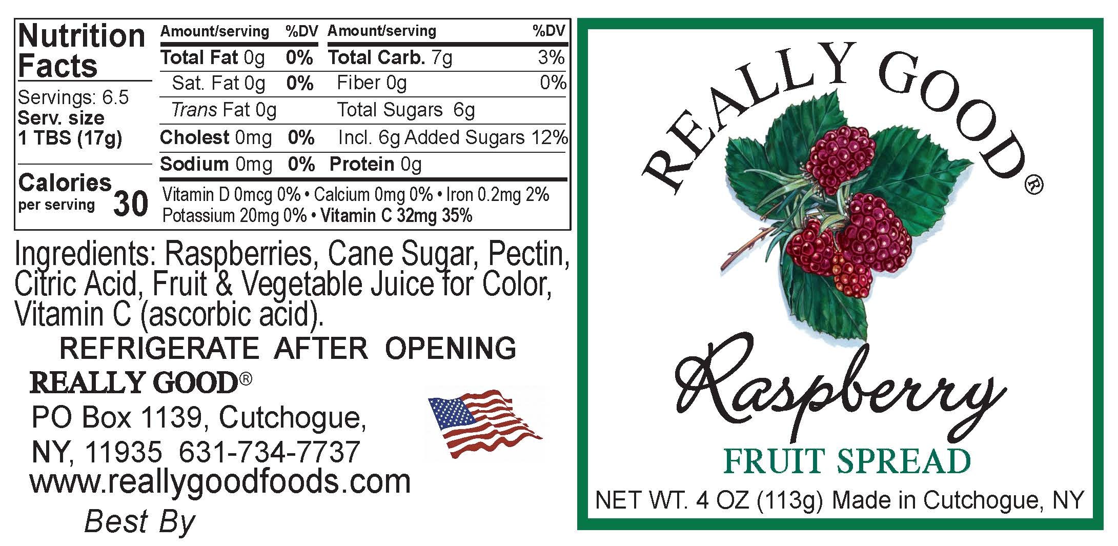 Really Good low sugar raspberry fruit spread 4 ounce jar label