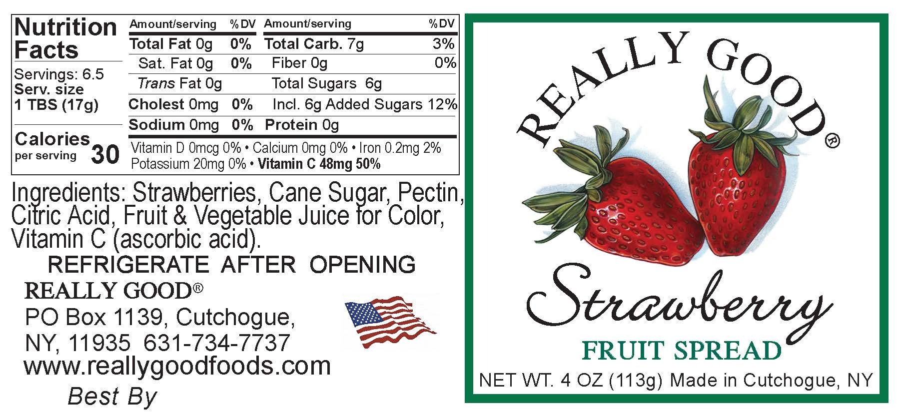 Really Good low sugar strawberry fruit spread 4 ounce jar label
