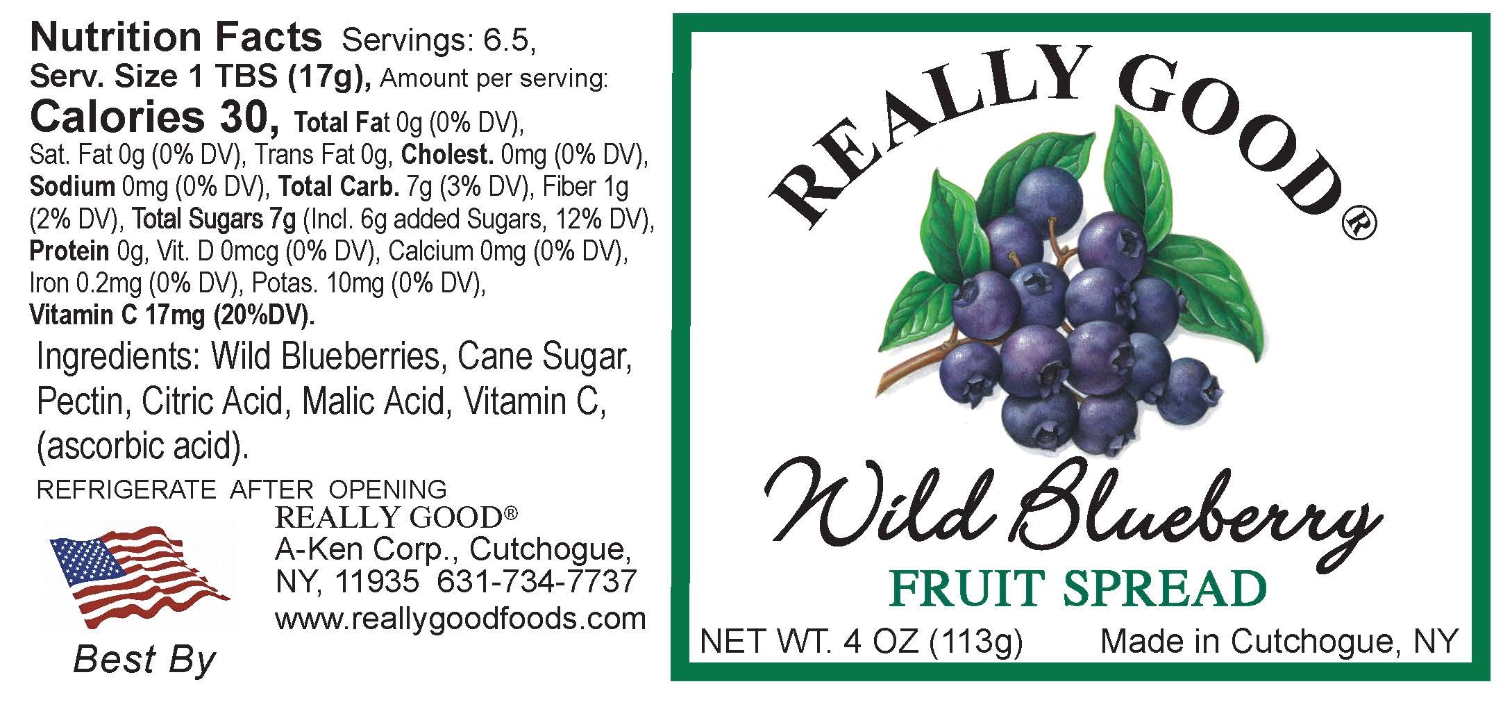Really Good low sugar wild blueberry fruit spread 4 ounce jar label
