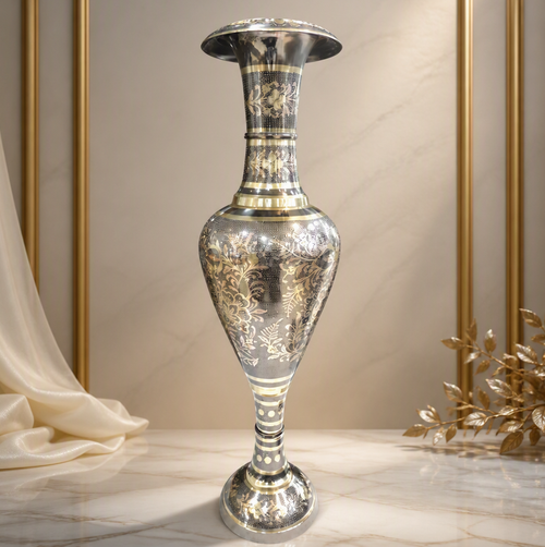 Artisanal Black & Gold Engraved Metal Vase